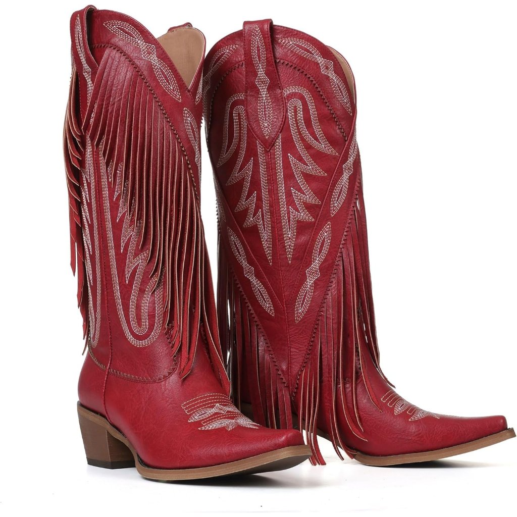 Women's Red Fringe Knee High Cowgirl Western Boots With Classic Embroidery